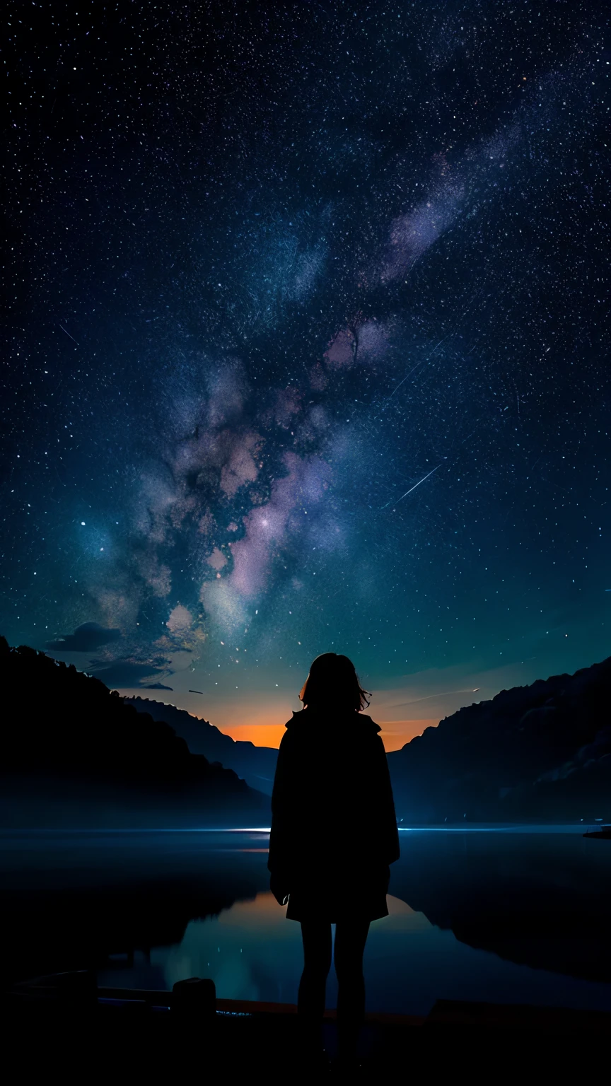 1girl, standing, dim lighting, perfect proportions, back focus, high quality, silhouette, city background, night sky, starry sky, meteor rain, few clouds, by the lake,