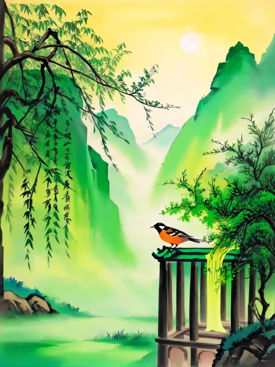 The earth begins to turn green,Oriole,willow,鸟儿在willow枝头欢快地唱着,As if celebrating the season of new life,The spring breeze is blowing,Take away the cold of winter,Leaving warmth and hope,Three-dimensional ancient style,Blur in close range,Ultra wide angle,Vision,Multi-angle composition,Thangka color,Aurora Hues