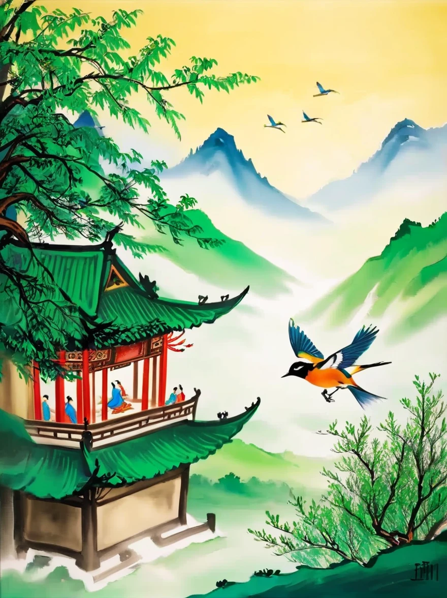 The earth begins to turn green，Oriole，willow，鸟儿在willow枝头欢快地唱着，As if celebrating the season of new life，The spring breeze is blowing，Take away the cold of winter，Leaving warmth and hope，Three-dimensional ancient style，Blur in close range，Ultra wide angle，Vision，Multi-angle composition，Thangka color，Aurora Hues