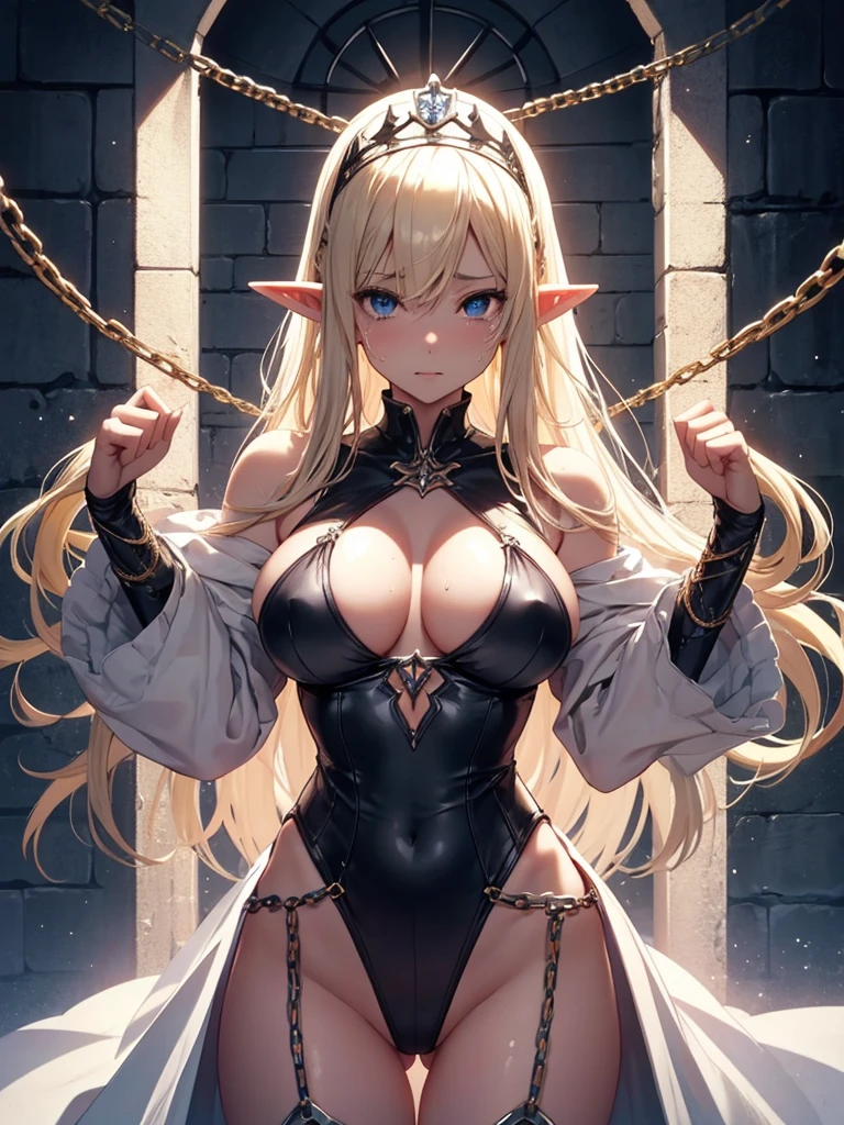 Beautiful Elf Captive with Long Chains、split、front、、 The handcuffs were chained to the wall、Crucifixion、Chained with one leg raised high、Spread your legs、Split.sexy、Femme fatale、、elegant、Beautiful eyes、atmosphere、beautiful、White leotard、beautifulレース、tiara、 cowboy shot,、Blonde、Lots of sweat、Are crying、tears、Dark Prison、Stone wall、Fantastic Light、Big Breasts、(Big Bust 100!)、、Raise your arms、、ART、UHD、highest quality、masterpiece、