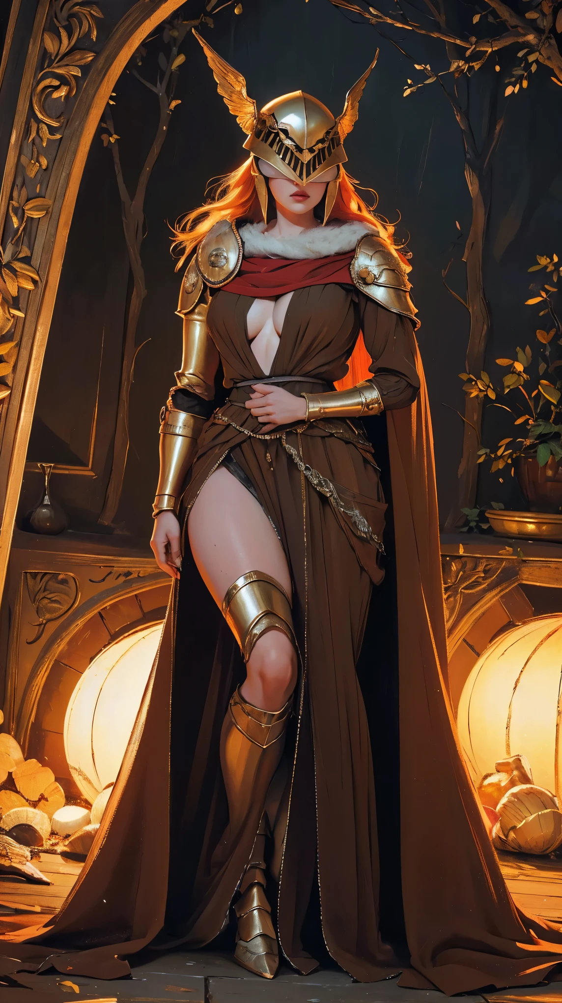 Highly detailed, High Quality, Masterpiece, beautiful, 1girl, prothestic leg, single mechanical arm, prosthesis, MaleniaDef, armor, cape, helmet, brown dress, full body,(AOC:1.1), braga, from panoramic, hunched over, wide hips, thick thighs, oil painting, by Sargent, (best quality,4k,8k,highres,masterpiece:1.2), ultra-detailed, (realistic,photorealistic,photo-realistic:1.37), portraits, warm color palette, soft lighting.