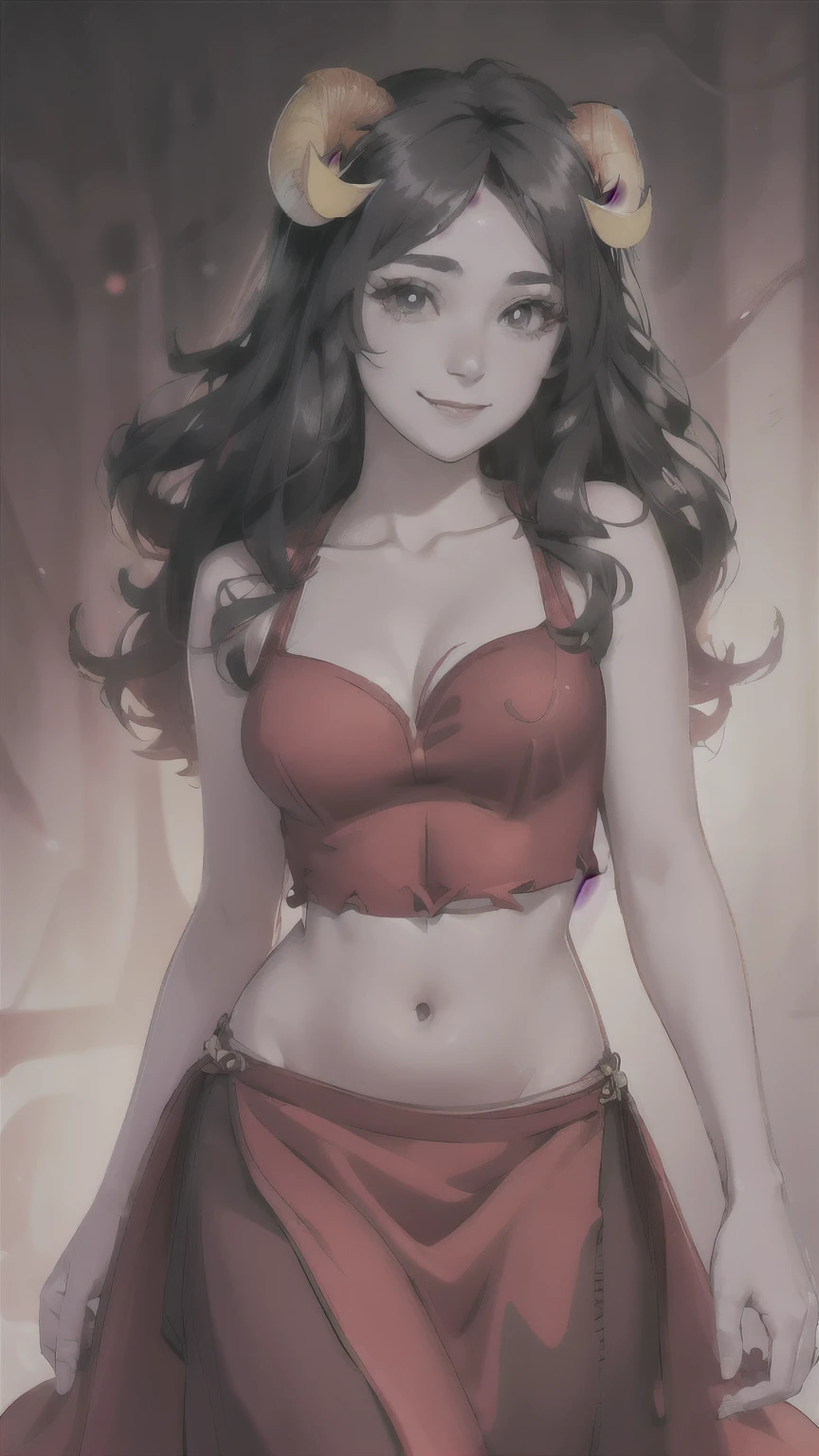 close-up portrait, aradia,  (horns), gray skin, long hair, [[simple background]], bellydancer, (midriff), bra, collarbone, sleeveless, choli, large breasts, eyeliner, mature, (black eyes), colored sclera, red skirt, smile, masterpiece, realistic, white background, blank background