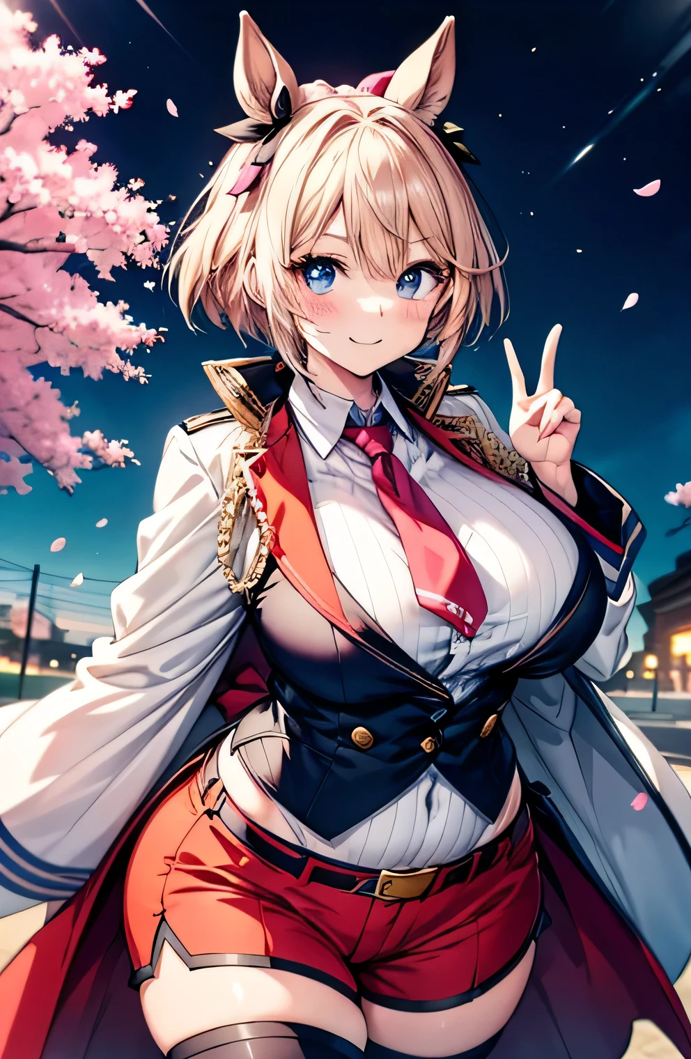 Anime illustration、highest quality、A short and plump gal、Night Park、Illuminated cherry blossoms、Cherry-blossom viewing、Tube top、hot pants、Perfect proportions、overwhelmingly big breasts、Beautiful, shining eyes、Cowboy Shot、Blushed、smile