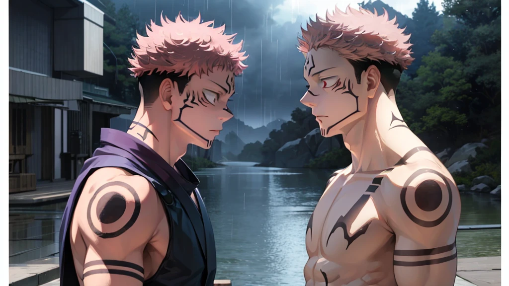 Two man adults, Ryomen Sukuna and Itadori Yuuji, Jujutsu Kaisen, tattoos and muscules in body,  pink hair, short hair, red eyes, normal eyes,  Kimono, spear,  tempest light and rain,  cinematographic and vivid paisage, destroyed place. 

 