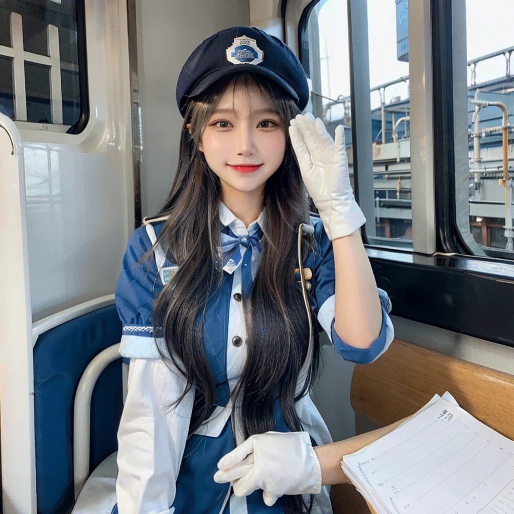 1woman, long hair, smile, train conductor uniform blue, as train conductor, white gloves, pilot hat in head,