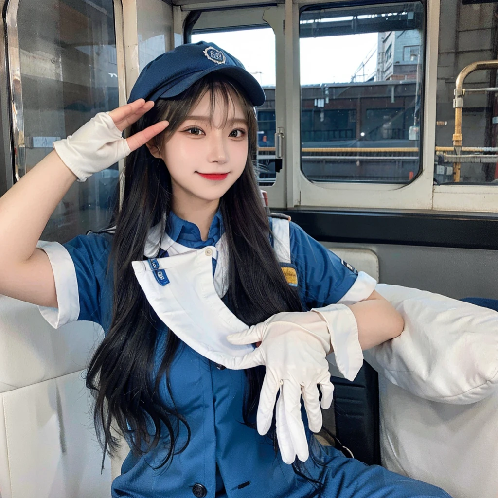 1woman, long hair, smile, train conductor uniform blue, as train conductor, white gloves, pilot hat in head,