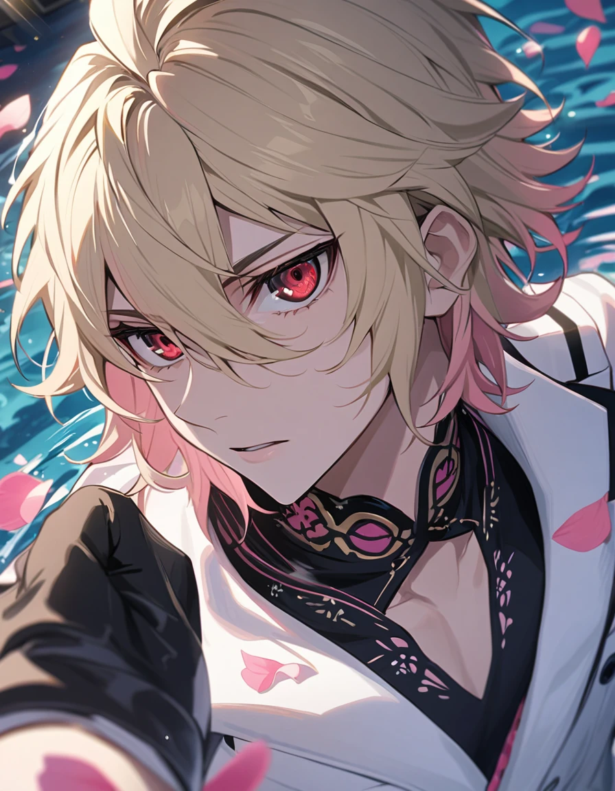 Ultra detailed, Highres, absurdres, Mika Hyakuya, wavy blond short hair, red eyes, Owari No Seraph, white long coat with patterns, pink flowers, petals, extremely handsome, sexy man, solo, very detailed eyes and face, black gloves, water, pink butterflies, black tight t-shirt,