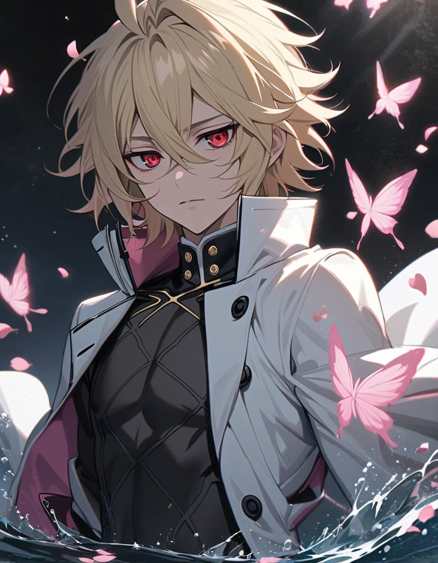 Ultra detailed, Highres, absurdres, Mika Hyakuya, wavy blond short hair, red eyes, Owari No Seraph, white long coat with patterns, pink flowers, petals, extremely handsome, sexy man, solo, very detailed eyes and face, black gloves, water, pink butterflies, black tight t-shirt,