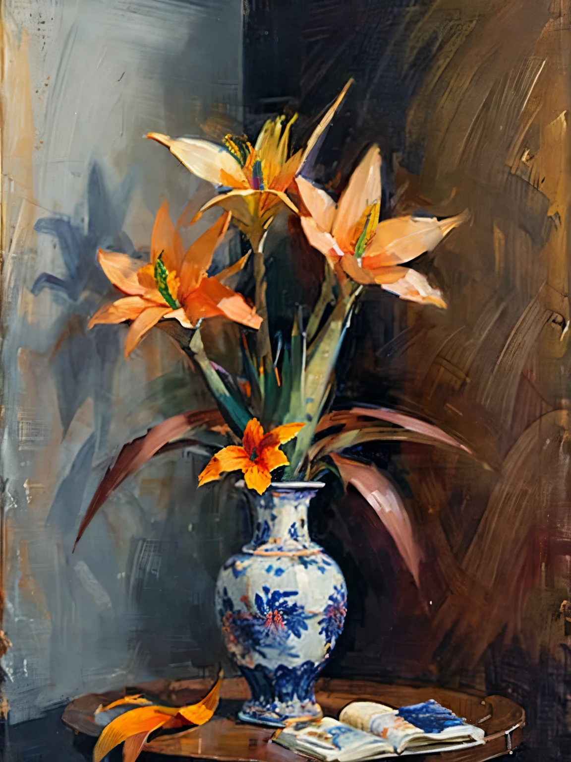 Bird of Paradise (Strelitzia): A tropical flower with striking orange and blue petals resembling a bird in flight, in. a vase on table, still life painting, realistic