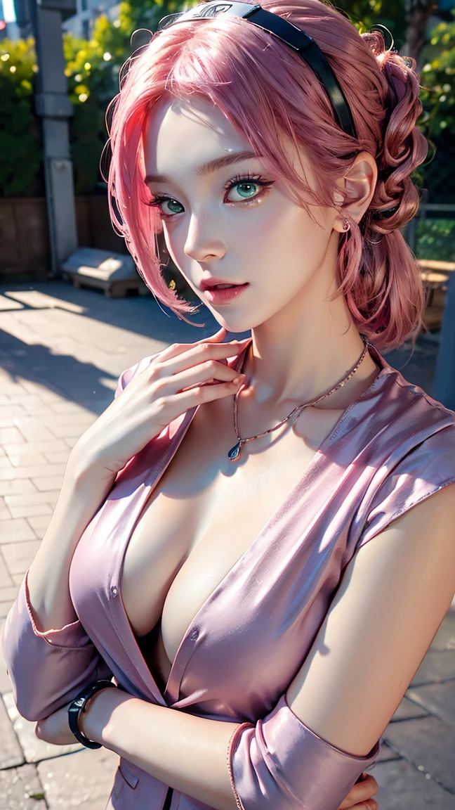 1 girl, 最high quality, masterpiece, High resolution, Pink short ponytail,Green Eyes、((Office casual suit))、(((whole body)))、Big Breasts、Cleavage, necklace(Naruto forehead protector around neck),hair band、 jewelry, Beautiful Face,、I&#39;m looking forward to, (((whole bodyビュー))), Realistic, Outdoor, modern square, Two-tone lighting, (Skin with attention to detail: 1.2), 8K Ultra HD, Digital SLR, Soft Light, high quality, Volumetric Light, Frank, photograph, High resolution, 4K, 8k, Background Blur