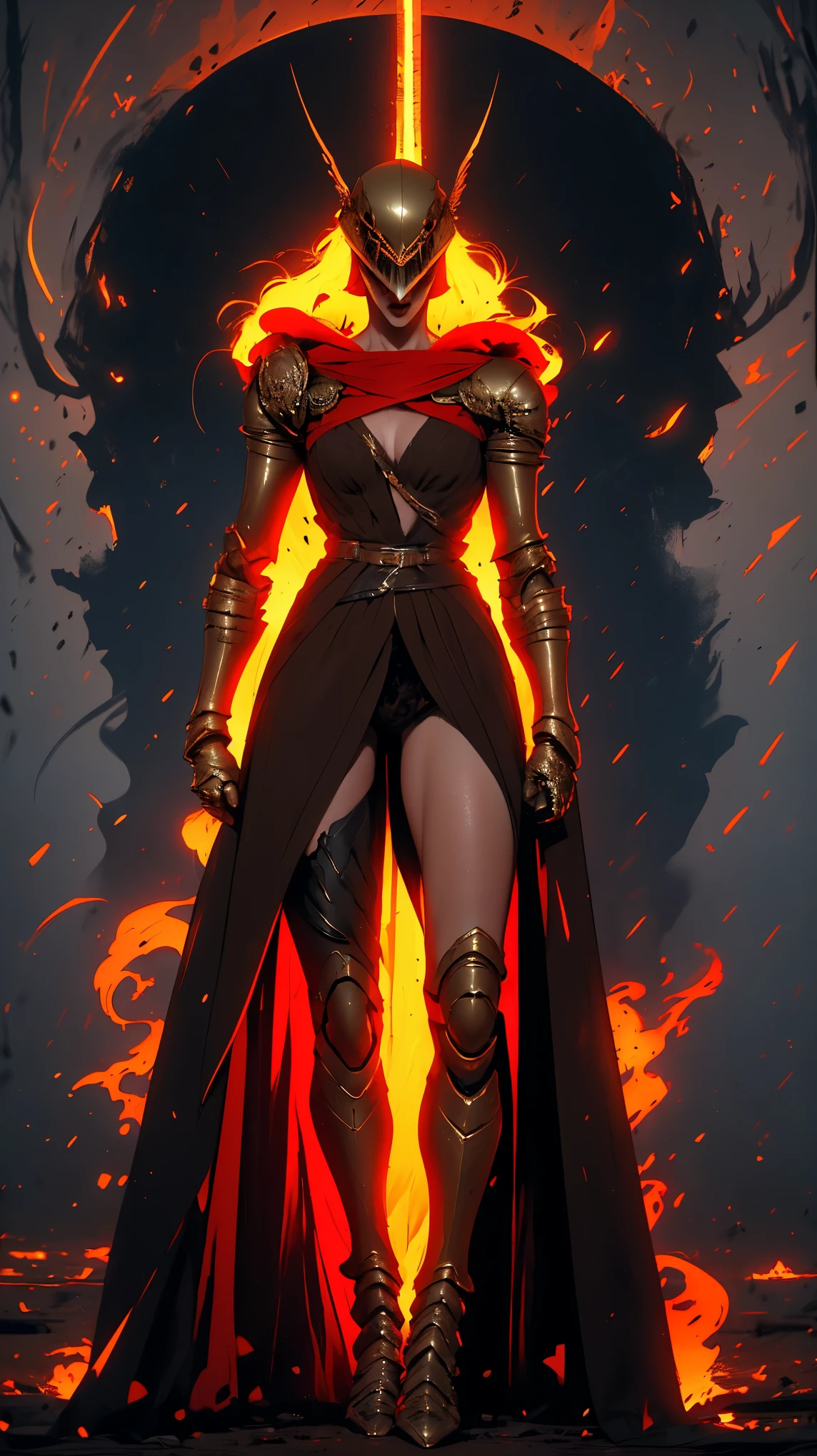 Highly detailed, High Quality, Masterpiece, beautiful, 1girl, prothestic leg, single mechanical arm, prosthesis, MaleniaDef, armor, cape, helmet, brown dress, full body,