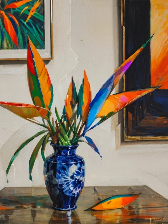 Bird of Paradise (Strelitzia): A tropical flower with striking orange and blue petals resembling a bird in flight, in. a vase on table, still life painting, realistic