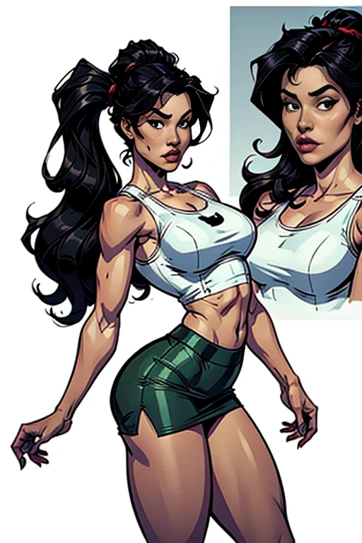 Kizi, Bblack hair, long hair, eyes black, regatta, green tight skirt, standing, comic style, perfect legs, White background, wide plan, 16K, 8k, 4K, High definition, 1080P, high resolution, best qualityer, high qualiy, High details, super detaill, anatomically correcte, work of art