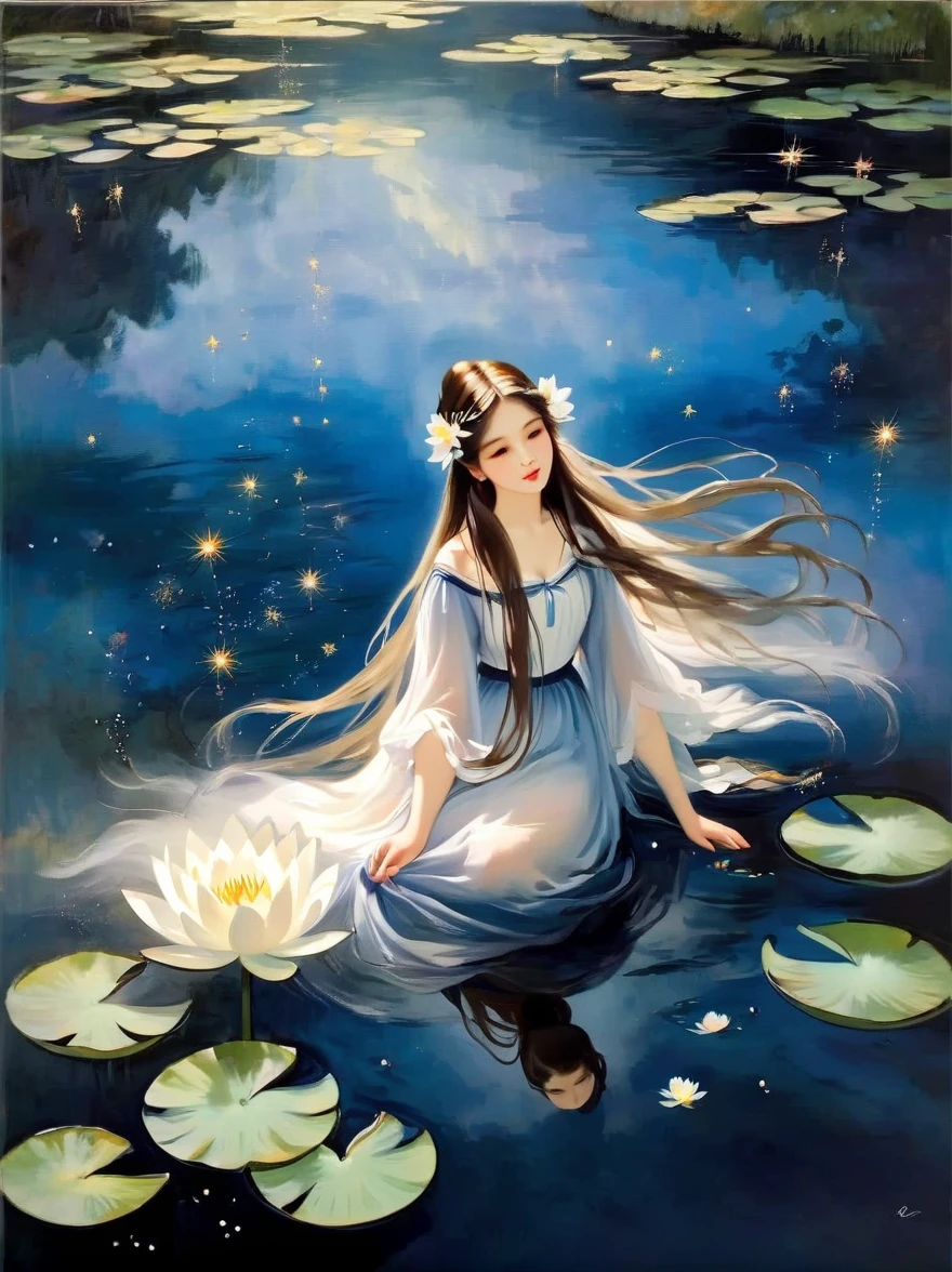 Fluid oil painting,Monet oil painting style,Beautiful woman with long flowing hair and white gauze,Water Lily,Fairy Tale Style,Light and shadow mottled,flower,water,Small fish at the bottom of the river,Fantastic surreal,chiffon,Romantic ancient style,Starry Sky