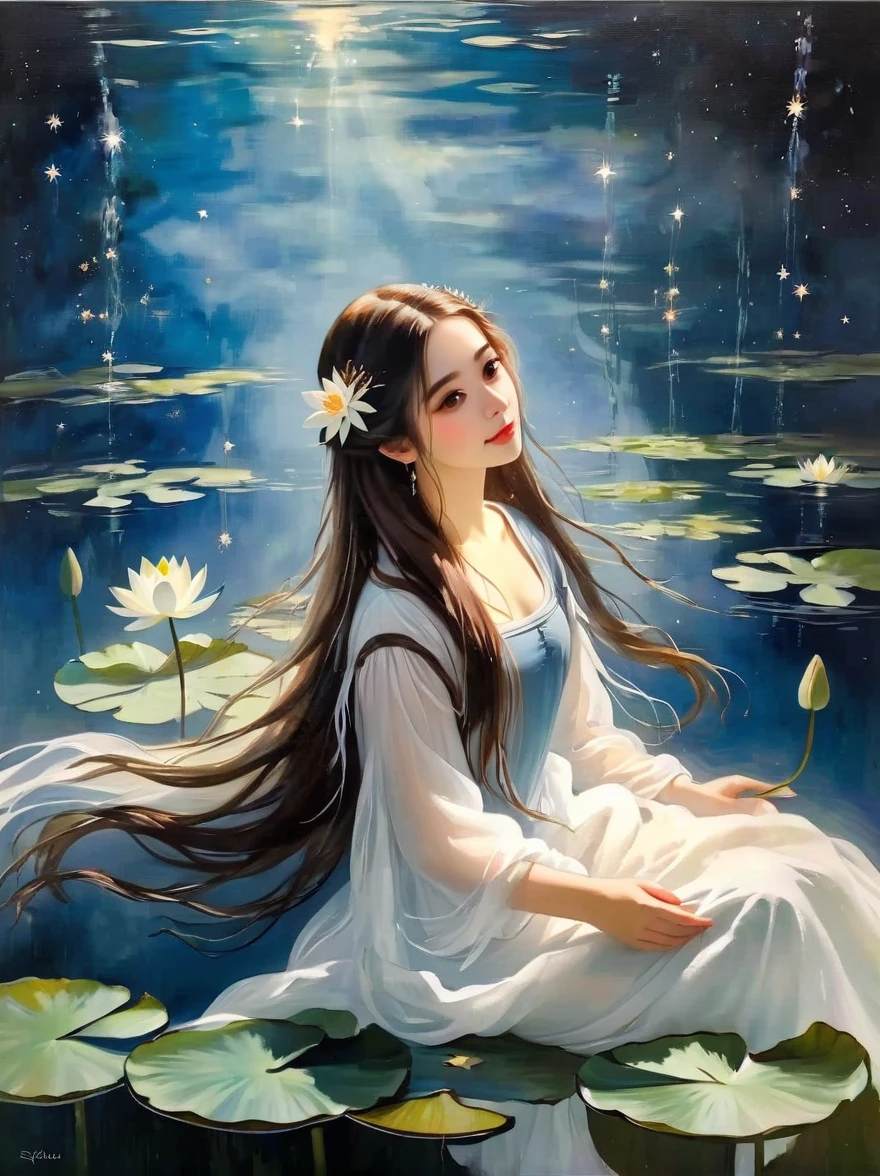 Fluid oil painting，Monet oil painting style，Beautiful woman with long flowing hair and white gauze，Water Lily，Fairy Tale Style，Light and shadow mottled，flower，water，Small fish at the bottom of the river，Fantastic surreal，chiffon，Romantic ancient style，Starry Sky