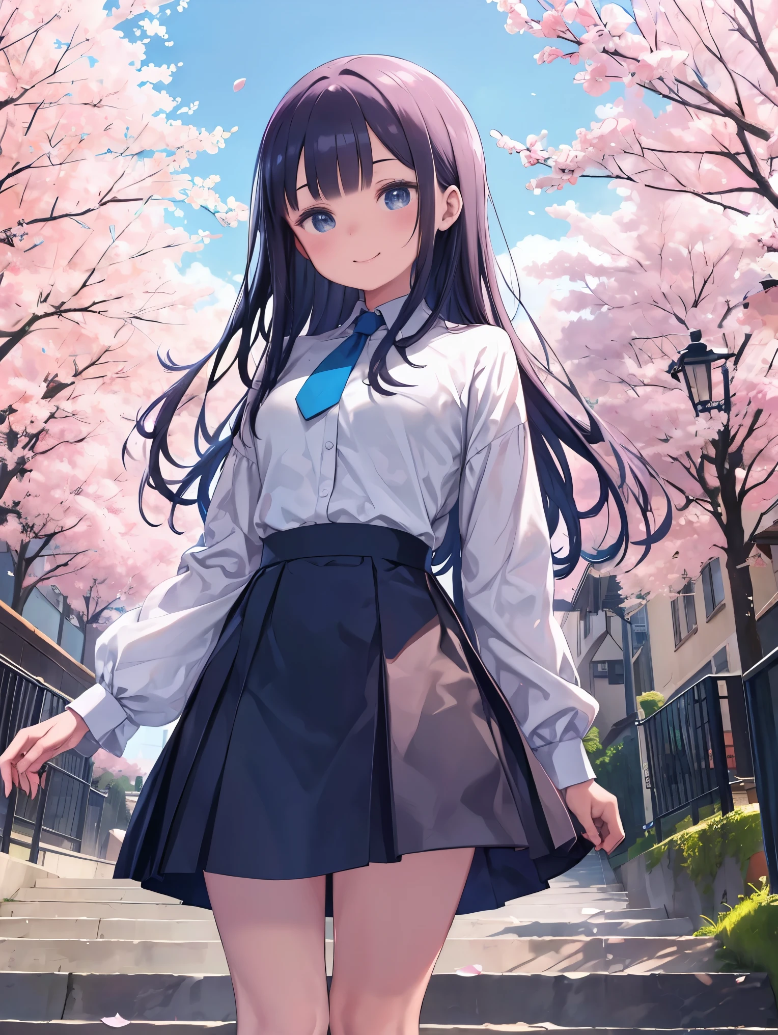masterpiece,best quality,high resolution,Very detailed,Bubreca,Long hair,hairpin,Seven-Colored Hill ,Blue tie,Blue shirt,Collared shirt,(White shirt:1.2),Long sleeve,White shirt under Blue shirt,Long sleeve under short sleeves,skirt,blue skirt,Knee-length,shoe下,white shoe下,shoe,棕色shoe类,outdoor,Cherry blossoms,Standing,Cowboy shooting,Smile,