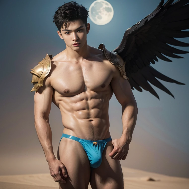 A asian boy like Mighty Archangel Michael, 19 years old, handsome, kpop idol actor, many jawline, manly chin, Full Body Shoot, (eyes contact), detailed facial parts, Manly, bare chest, bare butts, a little six packs attractive body and Quiff haircut :: high detail, is in highly detailed battle armor, super thin sexy thong loincoth, holding a detailed light blue sword of golden pearls, detailed fingers, a flaming sacred aura radiating from his body, stylish model pose, moon background, surreal, fantasy, magical, intricate details, depth of field. Best quality, masterpiece, ultra high resolution, (anime realism, photorealistic: 1.4), perfect composition, centered, symmetry, big juicy butts.