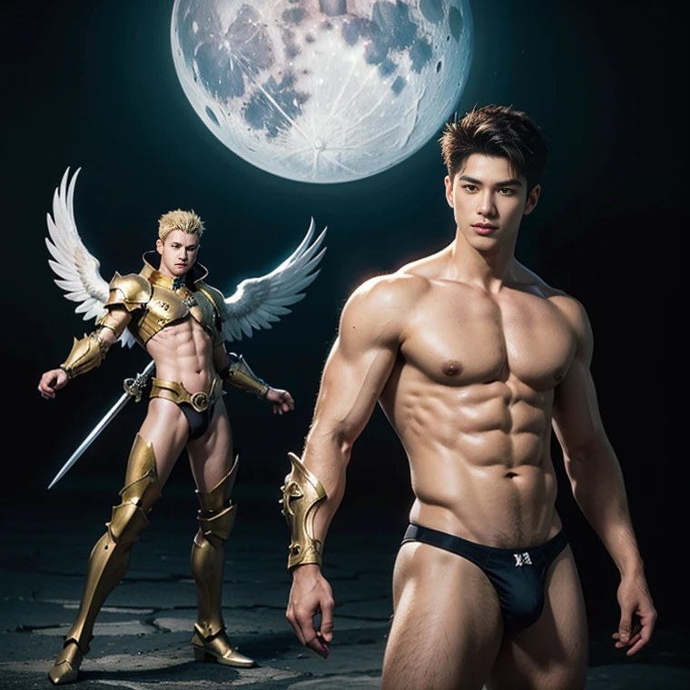 A asian boy like Mighty Archangel Michael, 19 years old, handsome, kpop idol actor, many jawline, manly chin, Full Body Shoot, (eyes contact), detailed facial parts, Manly, bare chest, bare butts, a little six packs attractive body and Quiff haircut :: high detail, is in highly detailed battle armor, super thin sexy thong loincoth, holding a detailed light blue sword of golden pearls, detailed fingers, a flaming sacred aura radiating from his body, stylish model pose, moon background, surreal, fantasy, magical, intricate details, depth of field. Best quality, masterpiece, ultra high resolution, (anime realism, photorealistic: 1.4), perfect composition, centered, symmetry, big juicy butts.