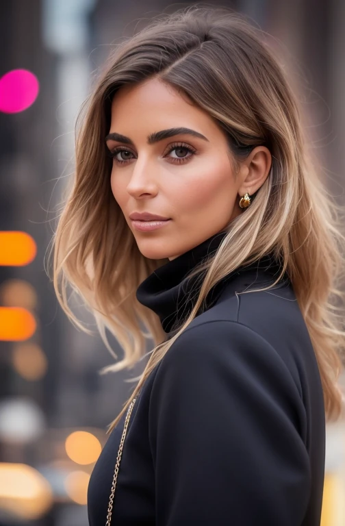 uma mulher, que usa uma gola alta preta com um casaco de pele preto, Anel de ouro, Morena com cabelos tingidos de loiro, Julia Sarda, Cristina Kritkou, black turtleneck sweater, Use uma gola alta e jaqueta, retrato de Kim Kardashian, inspired by Gina Pellón, Ameera al Taweel bronzeada, Olivia's fault, Julia Fontes, flawless brown skin ((rosto detalhado)), ((detailed facial features)), (pele finamente detalhada), Pale skin, andando pela cidade, Ambiente de megacidade, Cidade de Nova York ao fundo, (Cores legais), moist, moist, reflections, (Obra de arte) (perfect aspect ratio)(Foto realista)(melhor qualidade) (detalhado) fotografado com uma Canon EOS R5, Lente de 50 mm, f/2.8, HDR, (8k) (Tapete) (cinematic lighting) (dramatic lighting) (sharp focus) (complicado), Foto RAW, Foto RAW, Giganhad foto, posing for the camera, 8k UHD, dslr, alta qualidade, Folha de cereais, Fujifilm XT3, film image bank 4 Kodak Portra 400 f1 camera.6 lentes cores ricas textura hiperrealista dramatic lighting tendência irreal do motor em artstation cinestill 800 tungstênio, Tough style, Rosto ultrafoco, intimidador