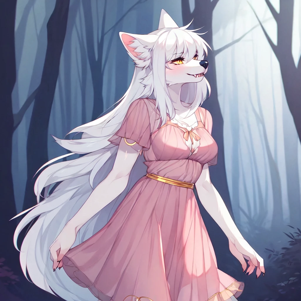 (By hyattlen, by fumiko, by claweddrip):1.1 solo:1.1, (white wolf girl), female, fluffy white ears, gold_tips_on_ears:1.1, (white_body:1.1), black nose, cute snout, fluffy white tail, gold tail tip, long white hair, thick straight hair, side part bangs, visible fangs, hyena_teeth:1.1, large sharp canine teeth, showing teeth, detailed teeth, detailed gold eyes, gentle eyes, fluffy furred chest, doll pink dress, fully furred body, walking through a heavily wodded forest, at night, nighttime