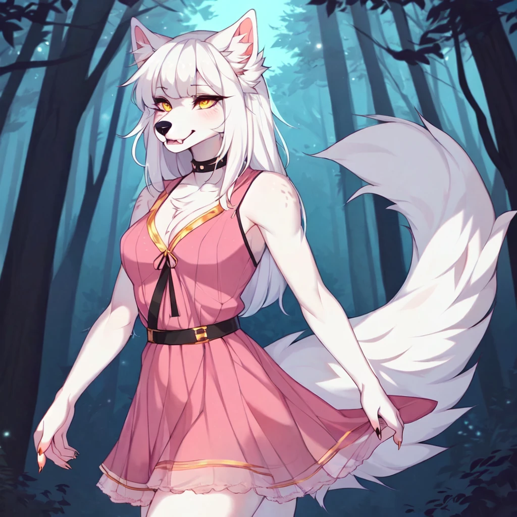(By hyattlen, by fumiko, by claweddrip):1.1 solo:1.1, (white wolf girl), female, fluffy white ears, gold_tips_on_ears:1.1, (white_body:1.1), black nose, cute snout, fluffy white tail, gold tail tip, long white hair, thick straight hair, side part bangs, visible fangs, hyena_teeth:1.1, large sharp canine teeth, showing teeth, detailed teeth, detailed gold eyes, gentle eyes, fluffy furred chest, baby doll pink dress, fully furred body, walking through a heavily wodded forest, at night, nighttime