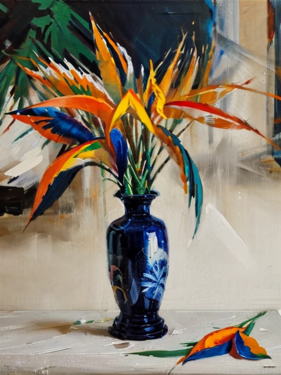 Bird of Paradise (Strelitzia): A tropical flower with striking orange and blue petals resembling a bird in flight, in. a vase on table, still life painting, realistic