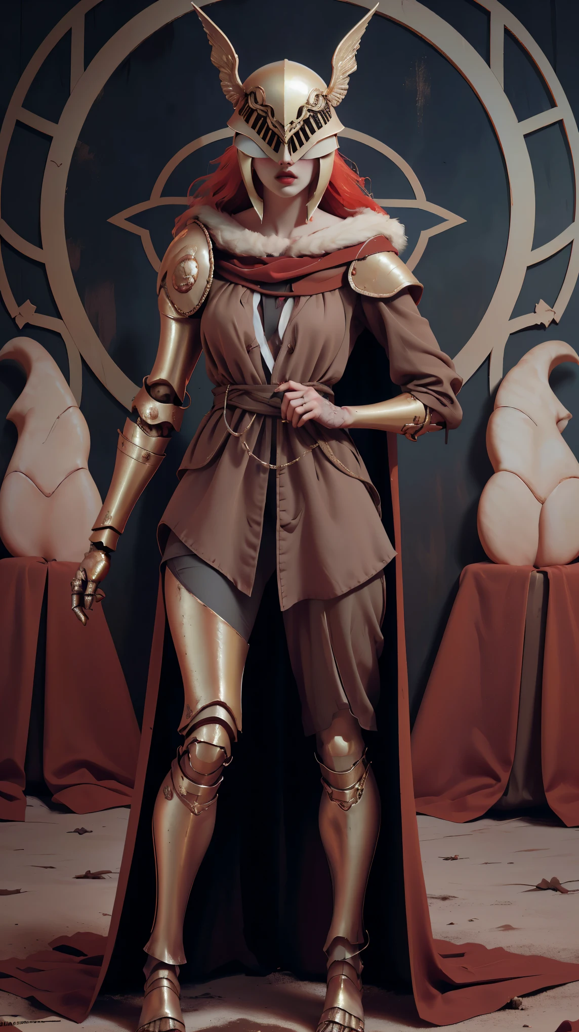 Highly detailed, High Quality, Masterpiece, beautiful, 1girl, prothestic leg, single mechanical arm, prosthesis, MaleniaDef, armor, cape, helmet, brown dress, full body,