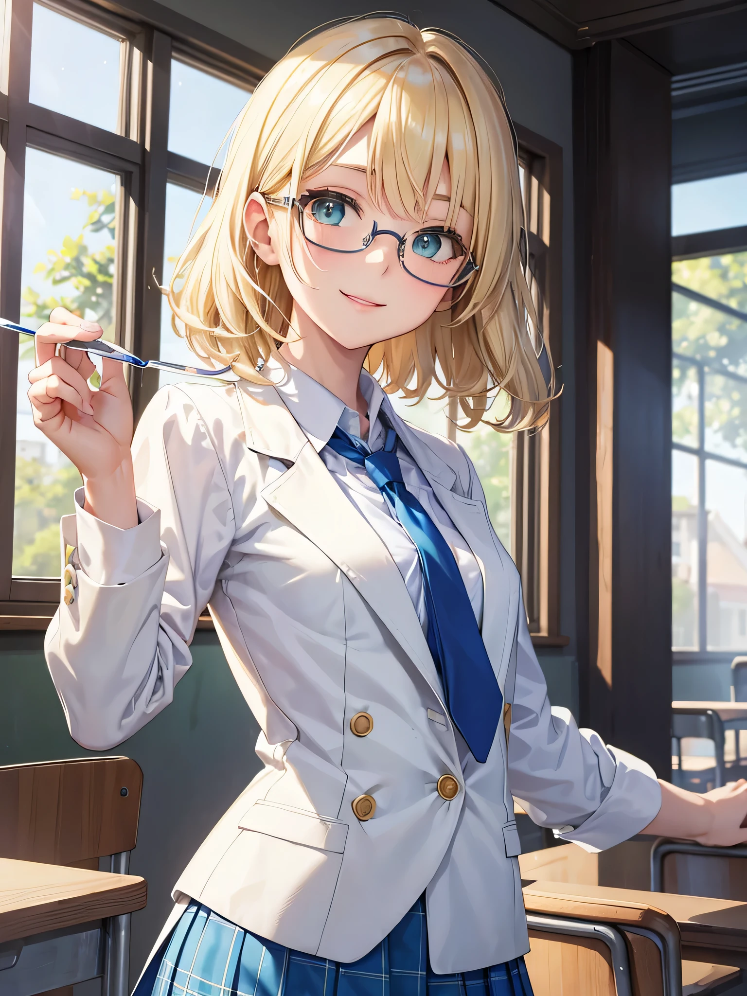 masterpiece, highest quality、girl、student、short hair、Wavy Hair、blonde、green eyes、slender、Small breasts、White blouse、Blue tie、Cream-colored blazer、Blue checked skirt、Glasses、smile、classroom、Upper Body