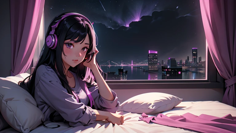 Create an image of a girl with long black hair wearing headphones. This girl must be lying in a comfortable bed. Room colors should include shades of purple, pink, black and blue. Prioritize the environment. This environment must have a closed window from which you can observe the night sky with rain.