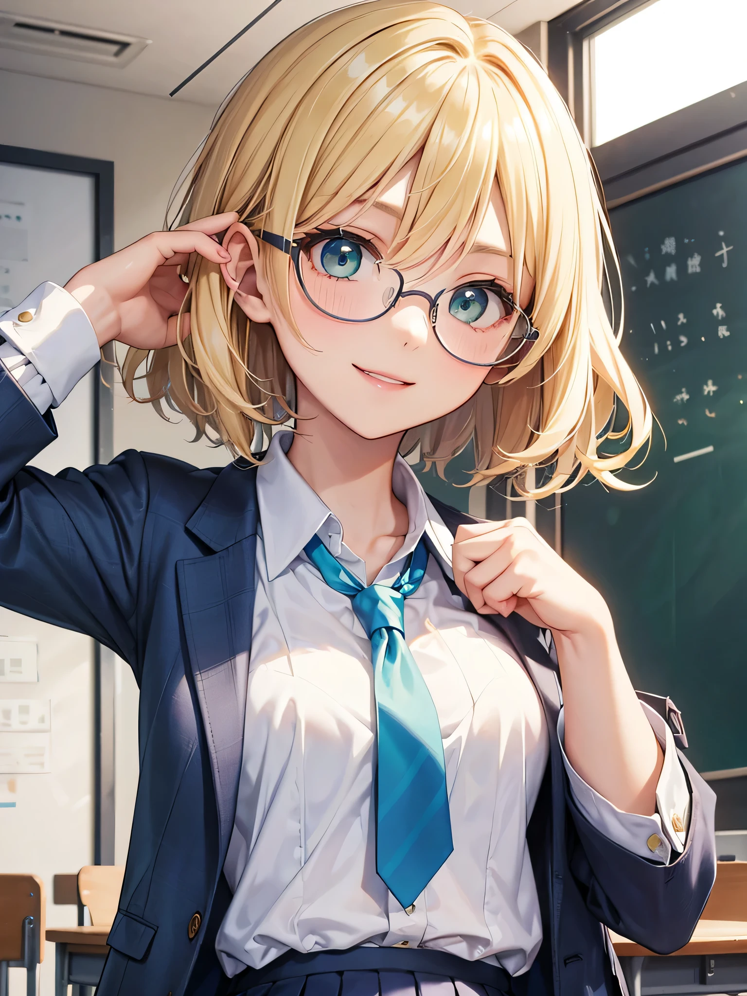 masterpiece, highest quality、girl、student、short hair、Wavy Hair、blonde、green eyes、slender、Small breasts、White blouse、Blue tie、Cream-colored blazer、Blue checked skirt、Glasses、smile、classroom、Upper Body
