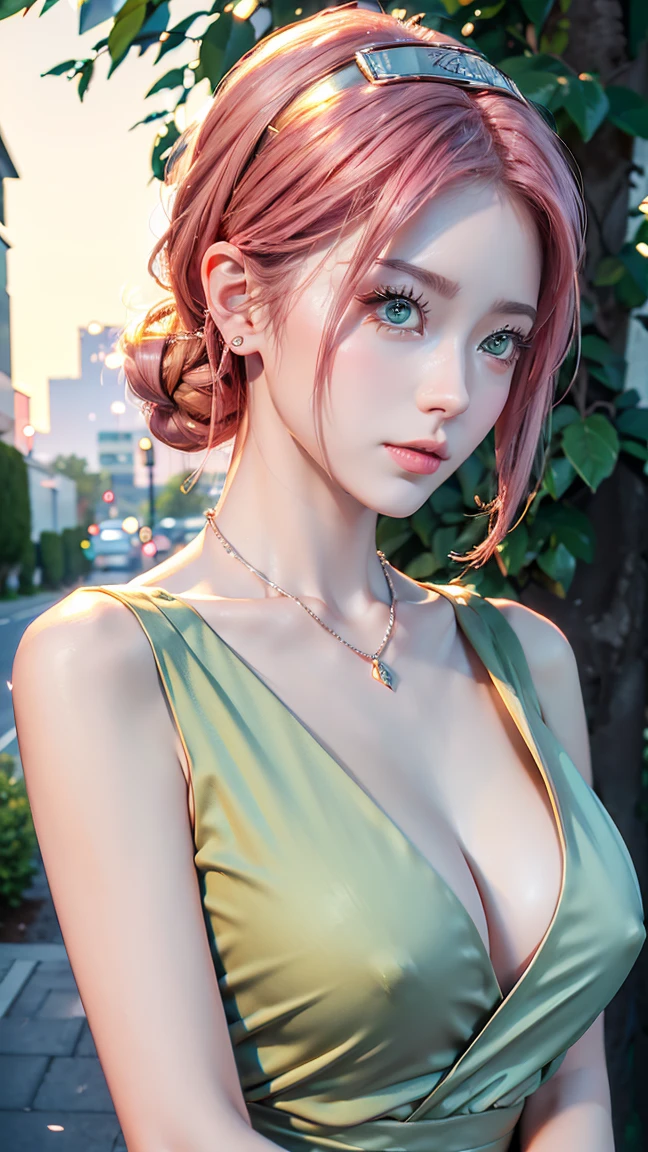 1 girl, 最high quality, masterpiece, High resolution, Pink short ponytail,Green Eyes、((Office casual suit))、(((whole body)))、Big Breasts、Cleavage, necklace(Naruto forehead protector around neck),hair band、 jewelry, Beautiful Face,、I&#39;m looking forward to, (((whole bodyビュー))), Realistic, Outdoor, modern square, Two-tone lighting, (Skin with attention to detail: 1.2), 8K Ultra HD, Digital SLR, Soft Light, high quality, Volumetric Light, Frank, photograph, High resolution, 4K, 8k, Background Blur