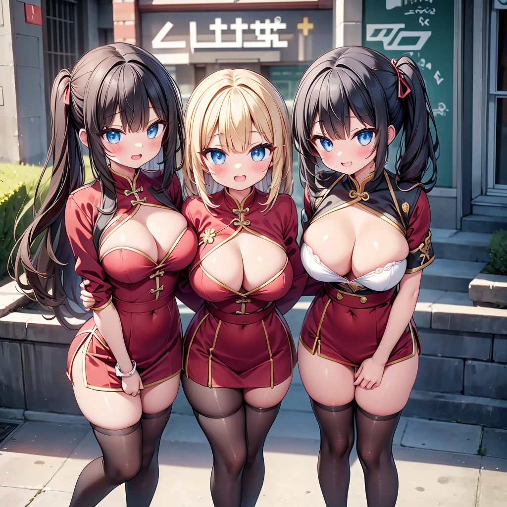 (cute eyes:1.2), (sparkling eyes:1.2), highest quality,wonderful,finely,extremely detailed CG Unity 8K wallpaper, (Stand in line:1.2), (3 girls, cute eyes, red china clothes , clothed), (midium breasts), (open mouth:1.1), (long tongue:1.1), (mouth drool:1.1), (black stockings:1.1),(Thighs:1.1),(Waistline:1.1)