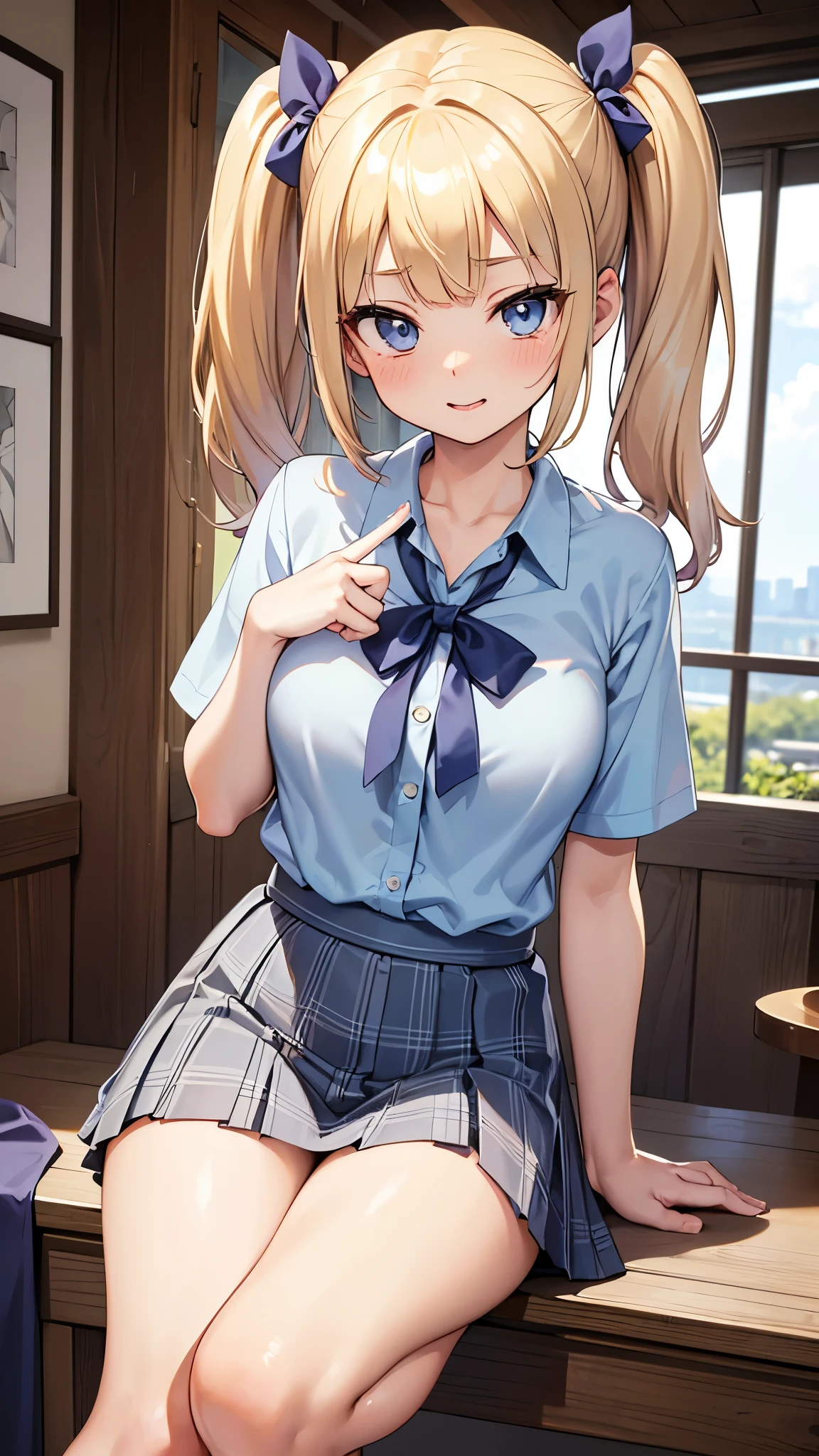 (masterpiece:1.3, highest quality, Ultra-high resolution, Very detailed), (Realistic:1.1, photoRealistic:1.4), Beautiful illustrations, Perfect lighting, colorful, Written boundary depth, Beautiful detailsまでこだわった髪, Beautifully detailed face, Beautiful details, Beautiful clavicle, Beautiful body, Beautiful breasts, Beautiful thighs, Beautiful legs, Beautiful fingers, View audience, 1 girl, Japanese, high school girl, Perfect Face, (Perfect Anatomy, Anatomically correct), Cute and symmetrical face, Baby Face, Sunburn, Shiny skin, (Middle Hair:1.5, Twin tails:1.2, blonde), Asymmetrical bangs, blue eyes, Long eyelashes, (Medium Chest), thin, ((Collared short-sleeved shirt, Light blue shirt, , Grey plaid pleated skirt, To the Navy)), No pants, (Beautiful views), evening, (Outdoor, distant cityscape), Are standing, (peace sign), (Cute Smile, Blushing、Upward glance, Open your mouth), (Open Girl'Cat:1.3), hour々squat:1.2,Put your finger in your pussy:1.3,