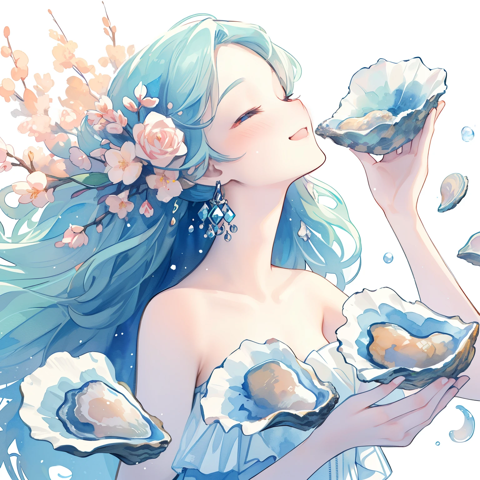 watercolor、simple、Oyster Girl、When I opened the oyster, a beautiful melody played.、Oyster fairy girl、anime、pastel colour、Stencil style、桜Snowstorm、紅葉Snowstorm、Snowstorm、masterpiece, best quality, (extremely detailed CG unity 8k wallpaper), (best quality), (best illustration), (best shadow), absurdres, realistic lighting, (Abyss), beautiful detailed glow, art by PeterMohrBacher,smile
