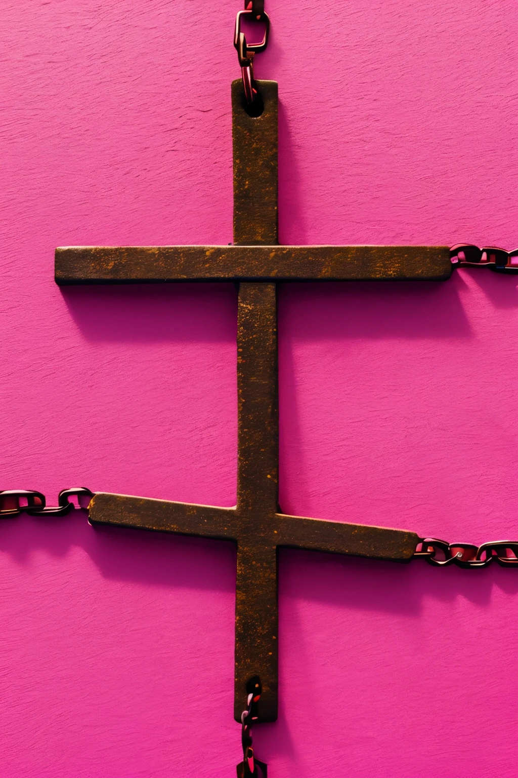 best quality, hot pink image, gradient, diagonal cross made of rusty chains