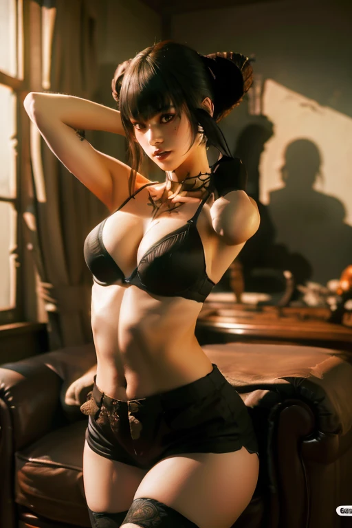 Eliza from Tekken, in a black bra with a blouse falling off her shoulders, in short shorts, sensual look, in the living room of her house relaxing, soft orange light over the environment at dusk