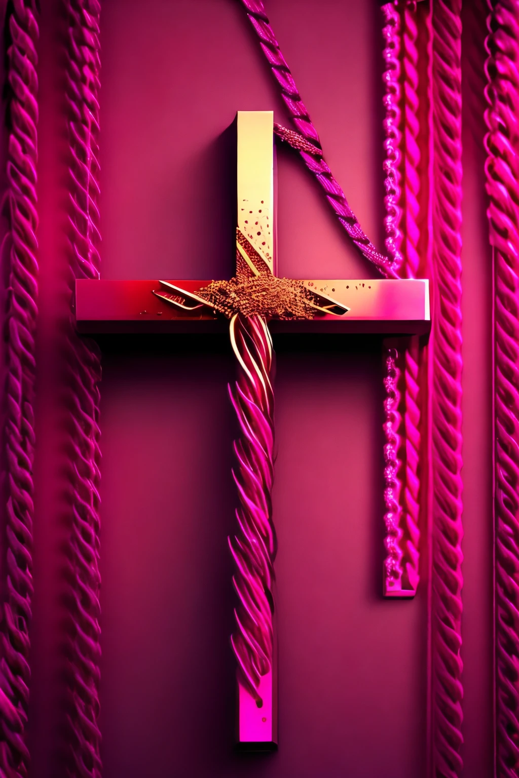 best quality, hot pink image, gradient, diagonal cross made of rusty chains