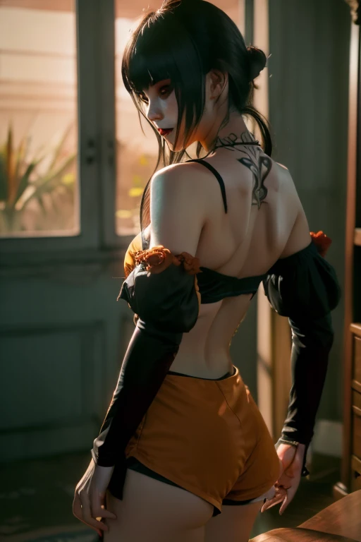 Eliza from Tekken, in a black bra with a blouse falling off her shoulders, in short shorts, sensual look, in the living room of her house relaxing, soft orange light over the environment at dusk