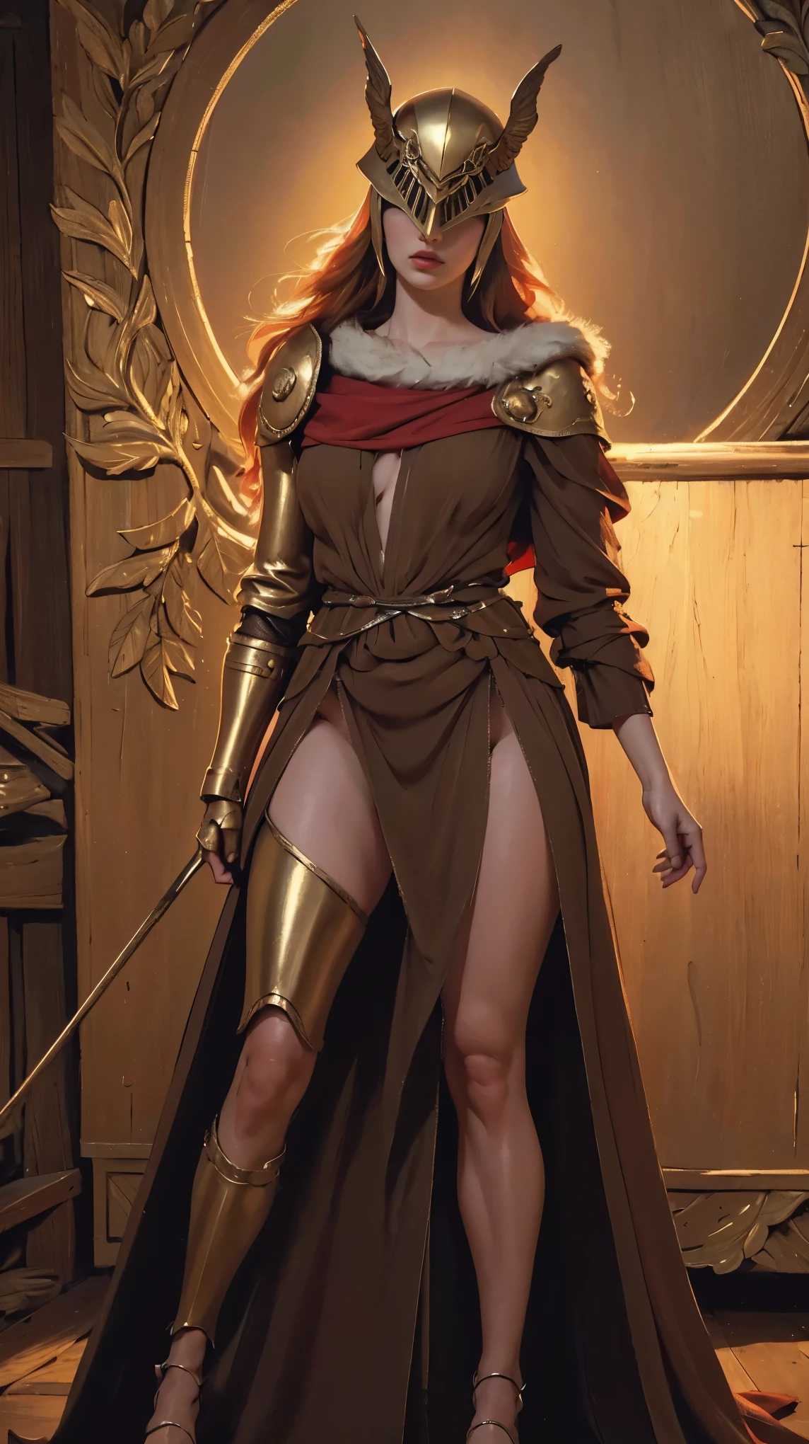 Highly detailed, High Quality, Masterpiece, beautiful, 1girl, prothestic leg, single mechanical arm, prosthesis, MaleniaDef, armor, cape, helmet, brown dress, full body,(AOC:1.1), braga, from panoramic, hunched over, wide hips, thick thighs, oil painting, by Sargent, (best quality,4k,8k,highres,masterpiece:1.2), ultra-detailed, (realistic,photorealistic,photo-realistic:1.37), portraits, warm color palette, soft lighting.