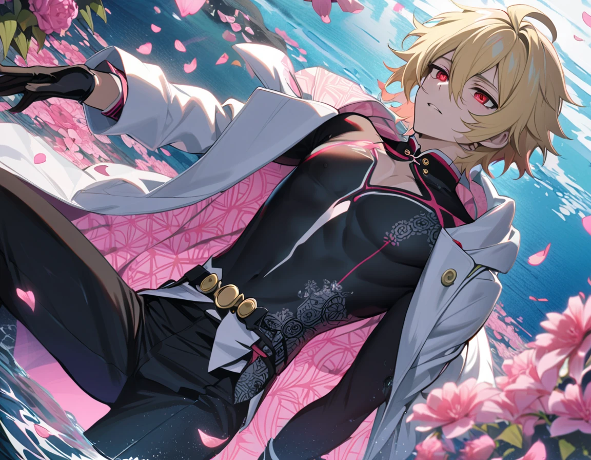 Ultra detailed, Highres, absurdres, Mika Hyakuya, wavy blond short hair, red eyes, Owari No Seraph, white long coat with patterns, pink flowers, petals, extremely handsome, sexy man, solo, very detailed eyes and face, black gloves, water, black pants, pink butterflies, black tight t-shirt,