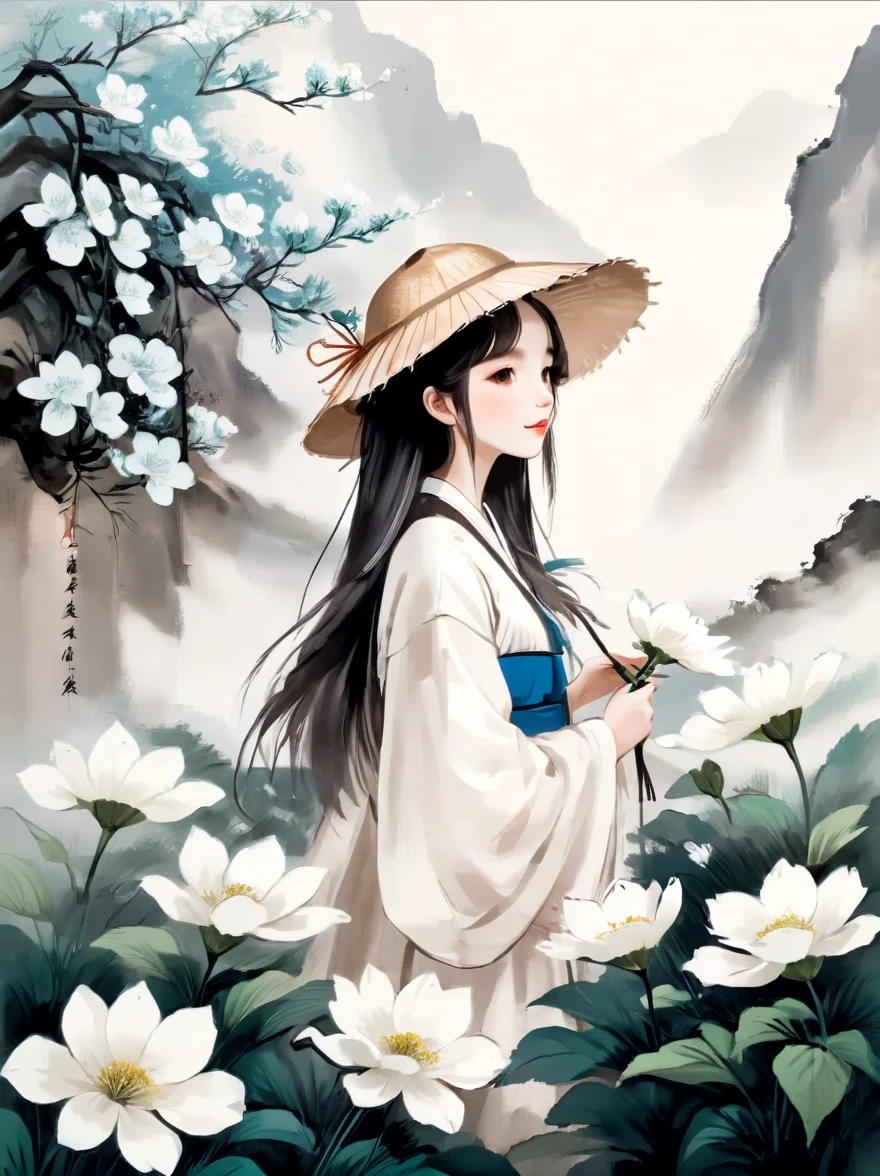 Ink illustration,Girl,wearing straw hat,Large white flowers,A cluster of flowers,Leave the background blank,Center the character,Ultra-fine lines,The scene in the dream,spring mountain,Qingshan,Fluorescence,Super dreamy style,Ultra-high-definition picture quality