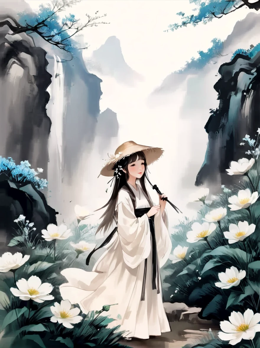 Ink illustration，Girl，wearing straw hat，Large white flowers，A cluster of flowers，Leave the background blank，Center the character，Ultra-fine lines，The scene in the dream，spring mountain，Qingshan，Fluorescence，Super dreamy style，Ultra-high-definition picture quality