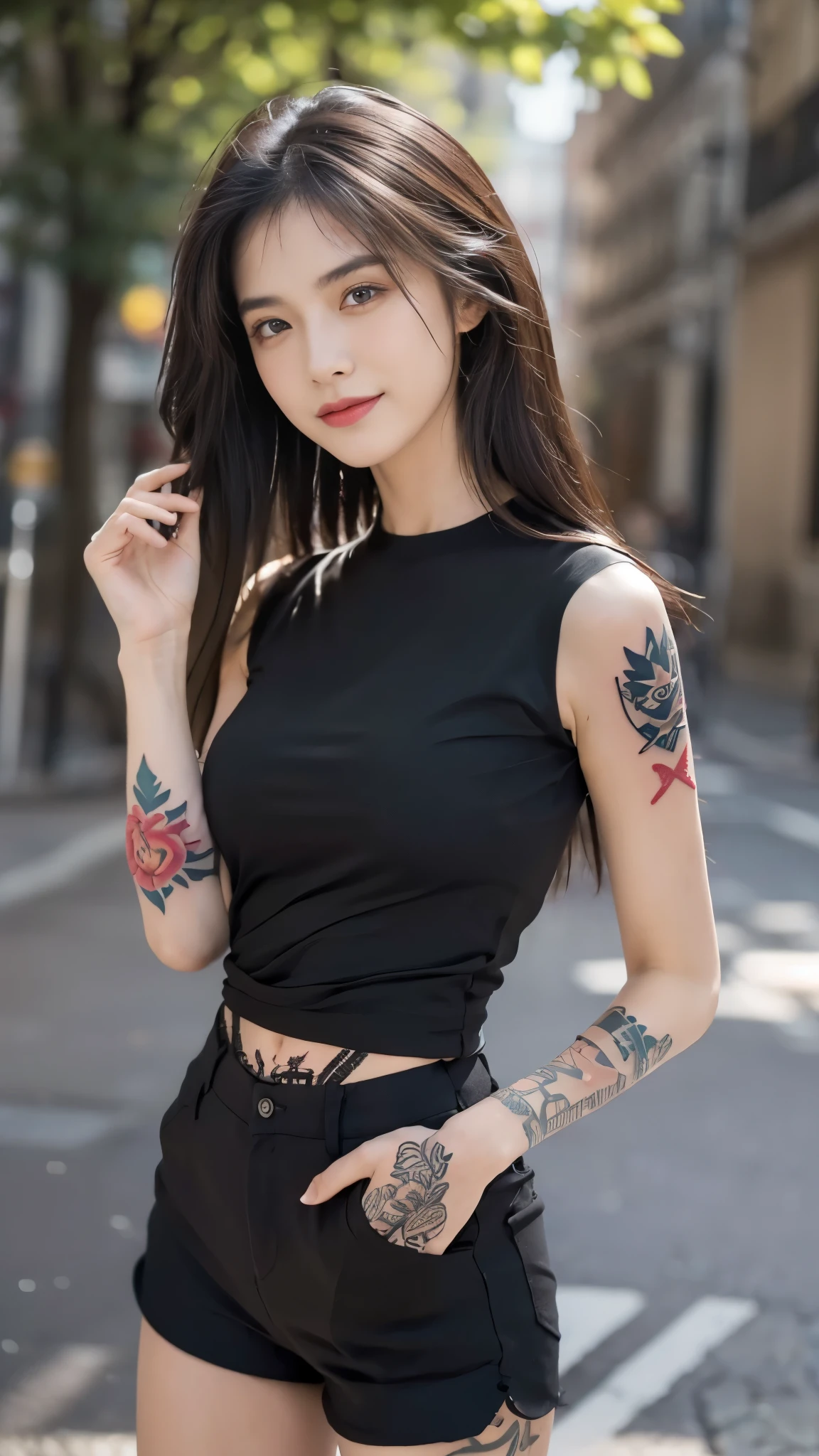 Masterpiece, The best quality, Ultra-high resolution, High detail photo, Unity 8K Wallpaper, Extremely detailed CG:1.2), depth of field, bokeh, (RAW photo:1.Realistic photography:1.4), (1girl:1.5), YOUNG, physically based representation, beautiful, (Finely detailed face:1.4, Detailed clothing), (detailed:1.4) named (eimi fukada:1.1) BREAK Cara hermosa, depth of field, Add layer, hyperrealistic, 20 years old, perfect body model, perfect breasts, 175cm tall, pose sexy, full body, whole body, Model Body Type, BREAK (black shirt, tight black shorts:1.3), (long hair:1.2), double eyelid BREAK city, cute smile, (big tattoo on arm:1.5)