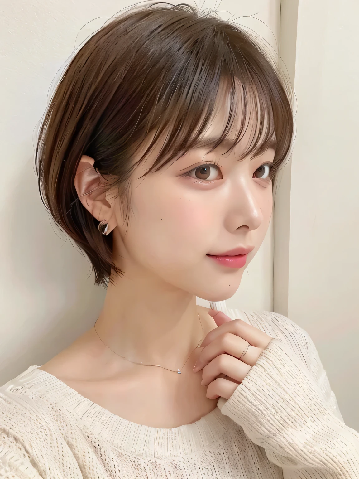 (highest quality、8k、32k、masterpiece、Hmph:1.2)、Photo of beautiful Japan woman in her 30s、very short hair、short hair、Shortcuts、Upper Body、necklace、Shooting from the sky、Don'Don't look at the camera、(Realistic、Photorealistic:1.37)、1 girl、Photographed in natural light、Physically Based Rendering、Excellent image quality、High resolution、1080p、(Detailed facial depiction)、(Detailed description of the hands)、(Detailed CG)、Rich details、(exquisite features)、(Best image quality)、(masterpiece)、(Beautiful Eyes)、Delicate clavicle、Various poses、profile、White wall、Taken in front of a white door、(A room with a white wall and a window)、Earrings、Laughter、Spring Clothes、((Long sleeve dress))