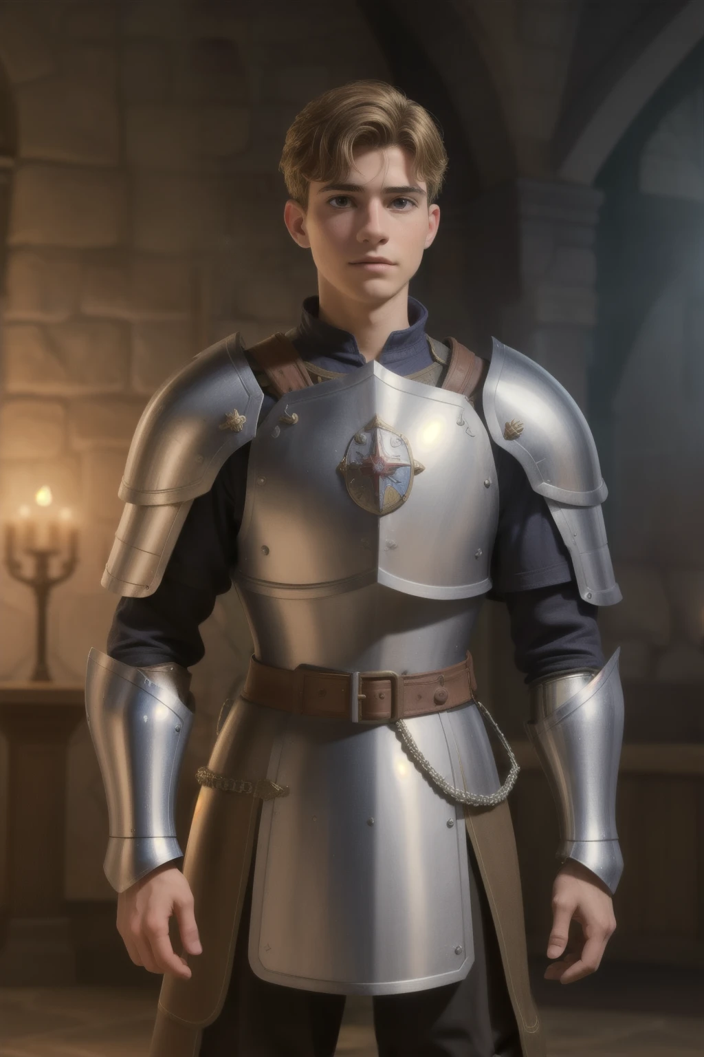 imagem complexa e altamente detalhada de um A young Paladin, wearing medieval chainmail armor style Dark Souls, , Face resembling Desmond Doss, Portrait, No helmet, Detailed image, 4k, Interior castle background, corpo inteiro, ,swordd and shield, jovem com porte adulto, standing proudly, olhando para o espectador, retrato de alta qualidade, cinematic lighting, beautiful lighting, arrogante, mas convidativo, Protuberance, masculine, viril, testosterona, arte oficial profissional, galeria de arte digna