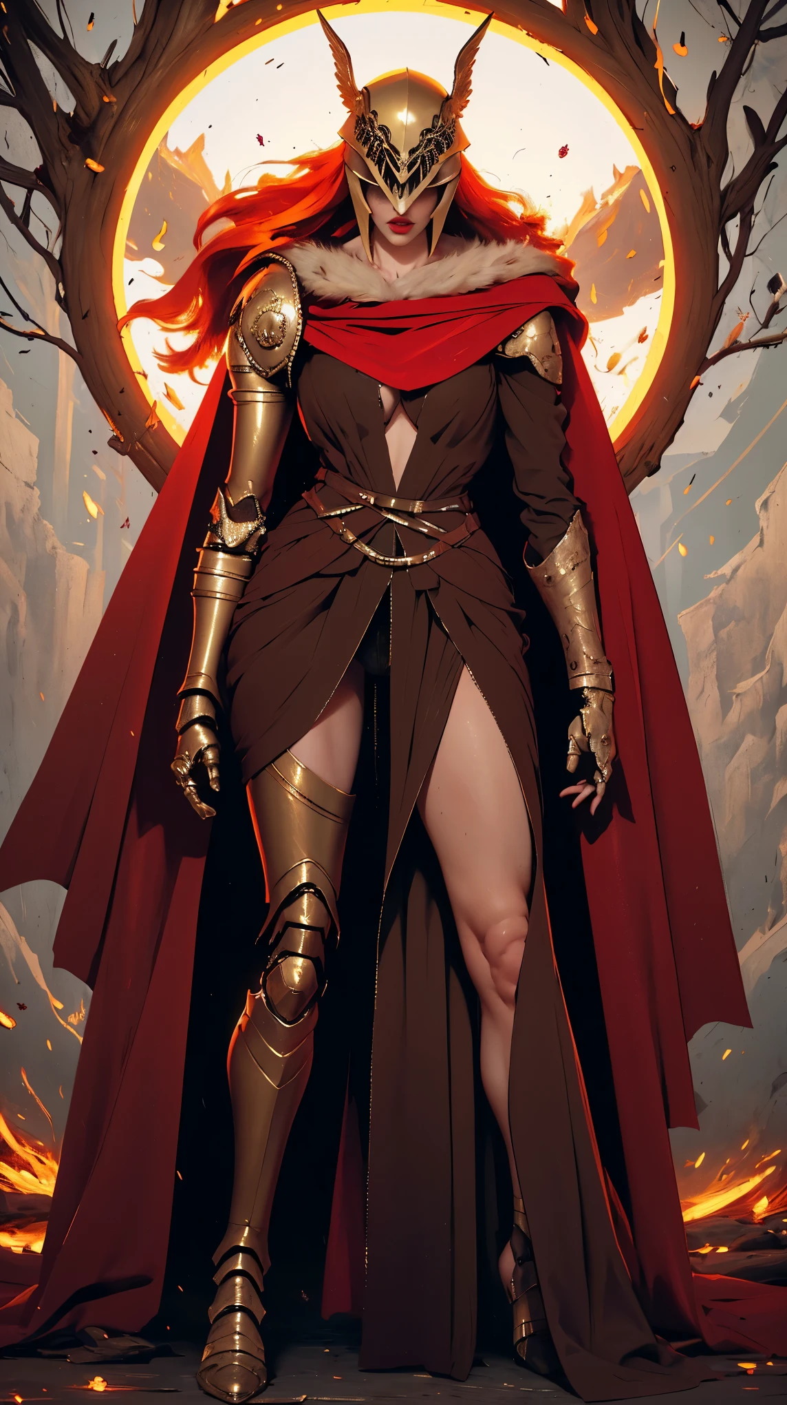 Highly detailed, High Quality, Masterpiece, beautiful, 1girl, prothestic leg, single mechanical arm, prosthesis, MaleniaDef, armor, cape, helmet, brown dress, full body,