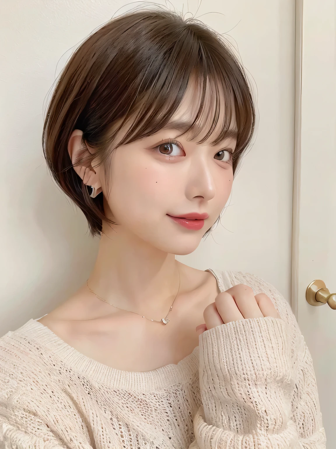 (highest quality、8k、32k、masterpiece、Hmph:1.2)、Photo of beautiful Japan woman in her 30s、very short hair、short hair、Shortcuts、Upper Body、necklace、Shooting from the sky、Don&#39;Don&#39;t look at the camera、(Realistic、Photorealistic:1.37)、1 girl、Photographed in natural light、Physically Based Rendering、Excellent image quality、High resolution、1080p、(Detailed facial depiction)、(Detailed description of the hands)、(Detailed CG)、Rich details、(exquisite features)、(Best image quality)、(masterpiece)、(Beautiful Eyes)、Delicate clavicle、Various poses、profile、White wall、Taken in front of a white door、(A room with a white wall and a window)、Earrings、Laughter、Spring Clothes、((Long sleeve dress))