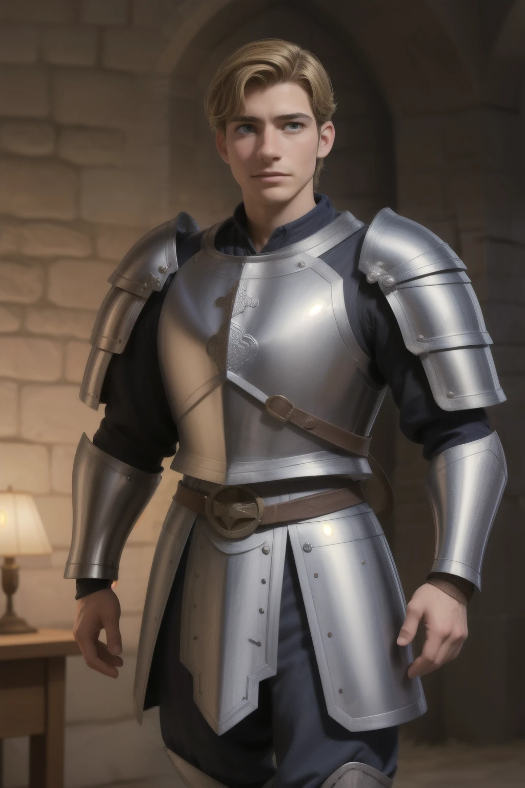 imagem complexa e altamente detalhada de um A young Paladin, wearing medieval chainmail armor style Dark Souls, Man, Face resembling Desmond Doss, Portrait, No helmet, Detailed image, 4k, Interior castle background, corpo inteiro, um pouco mais forte, espada na bainha, jovem com porte adulto, standing proudly, olhando para o espectador, retrato de alta qualidade, cinematic lighting, beautiful lighting, arrogante, mas convidativo, Protuberance, masculine, viril, testosterona, arte oficial profissional, galeria de arte digna