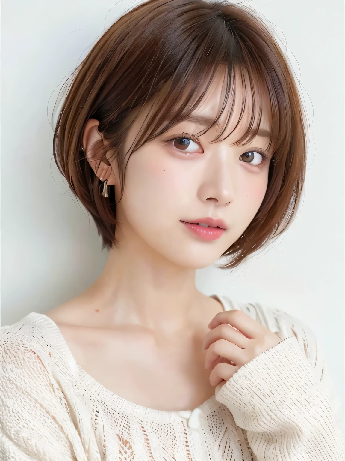 (highest quality、8k、32k、masterpiece、Hmph:1.2)、Photo of beautiful Japan woman in her 30s、very short hair、short hair、Shortcuts、Upper Body、necklace、Shooting from the sky、Don'Don't look at the camera、(Realistic、Photorealistic:1.37)、1 girl、Photographed in natural light、Physically Based Rendering、Excellent image quality、High resolution、1080p、(Detailed facial depiction)、(Detailed description of the hands)、(Detailed CG)、Rich details、(exquisite features)、(Best image quality)、(masterpiece)、(Beautiful Eyes)、Delicate clavicle、Various poses、profile、White wall、Taken in front of a white door、(A room with a white wall and a window)、Earrings、Laughter、Spring Clothes、((Long sleeve dress))