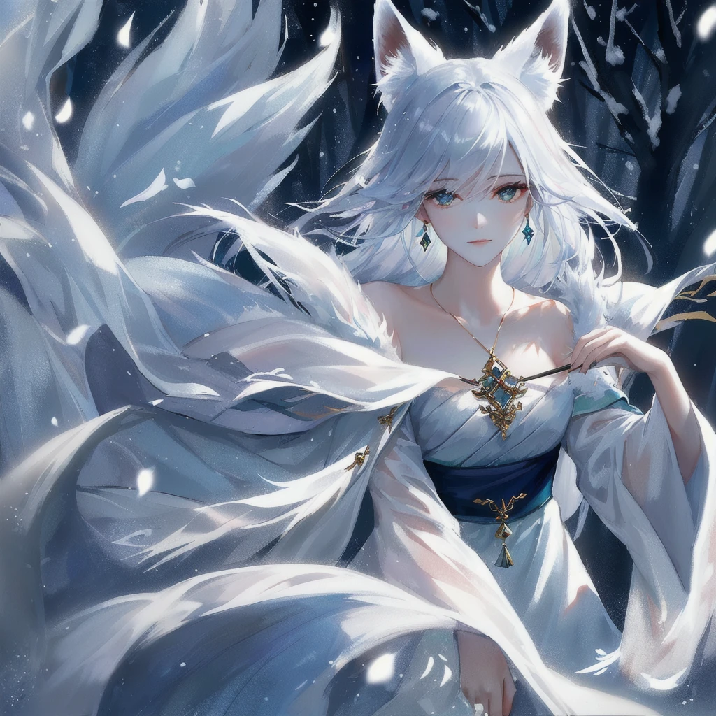 In the mysterious forest, the snow-white fox cruises gracefully, his fur shimmers silvery white, and his eyes reveal wisdom and mystery. It is best to depict a side border, facing line of sight, and he loves the artistic style and infectious images.